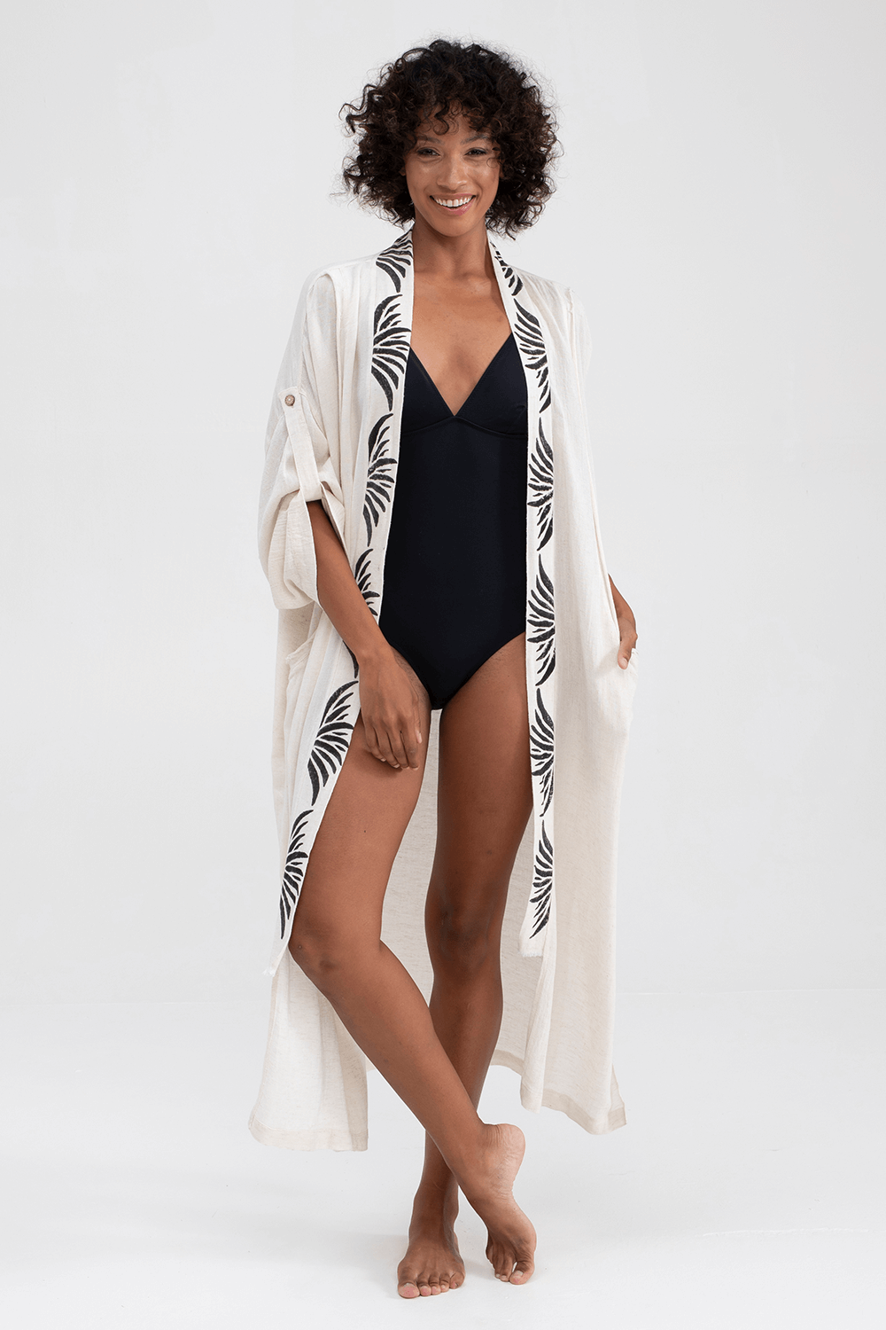 Siyah Ağaç Baskılı Keten Cepli Kimono
