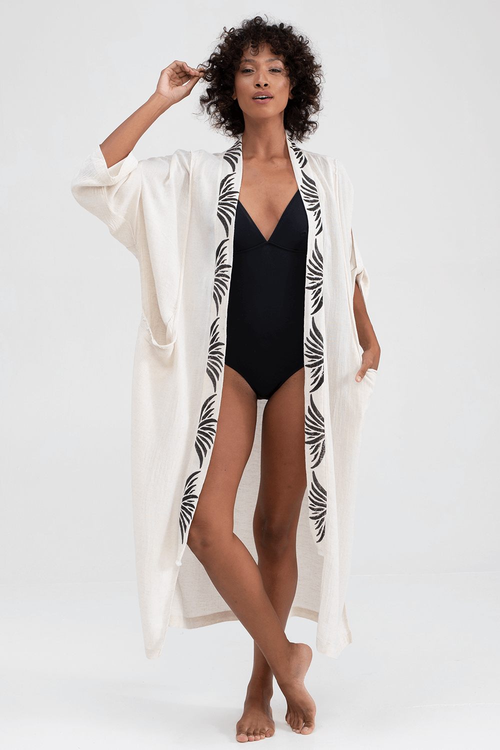 Siyah Ağaç Baskılı Keten Cepli Kimono