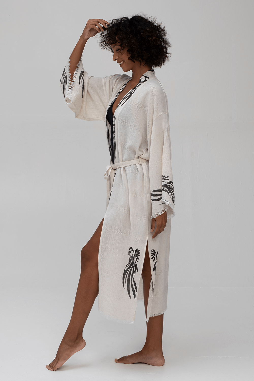 Siyah Ağaç Baskılı Keten Uzun Kimono