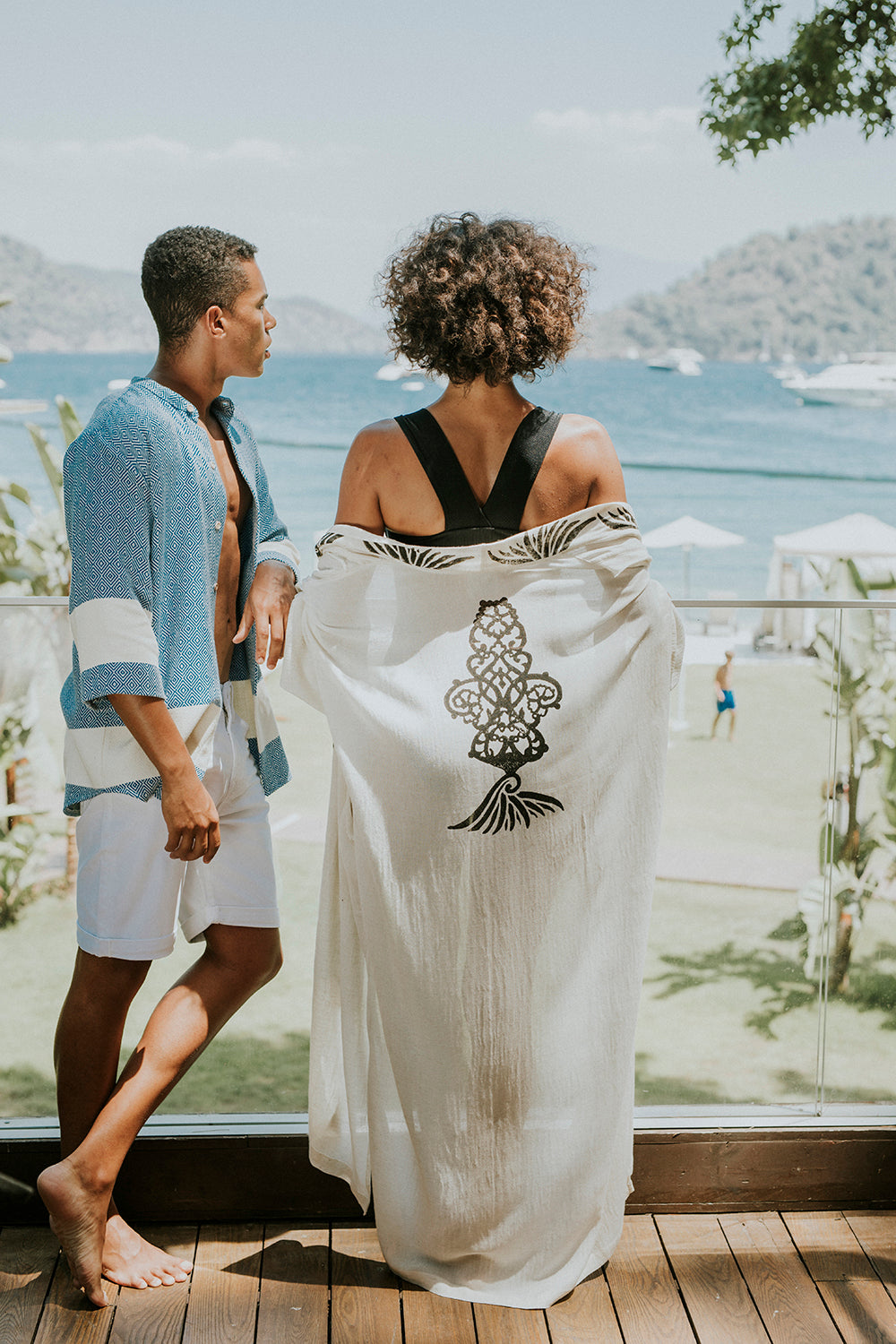 Siyah Ağaç Baskılı Keten Cepli Kimono
