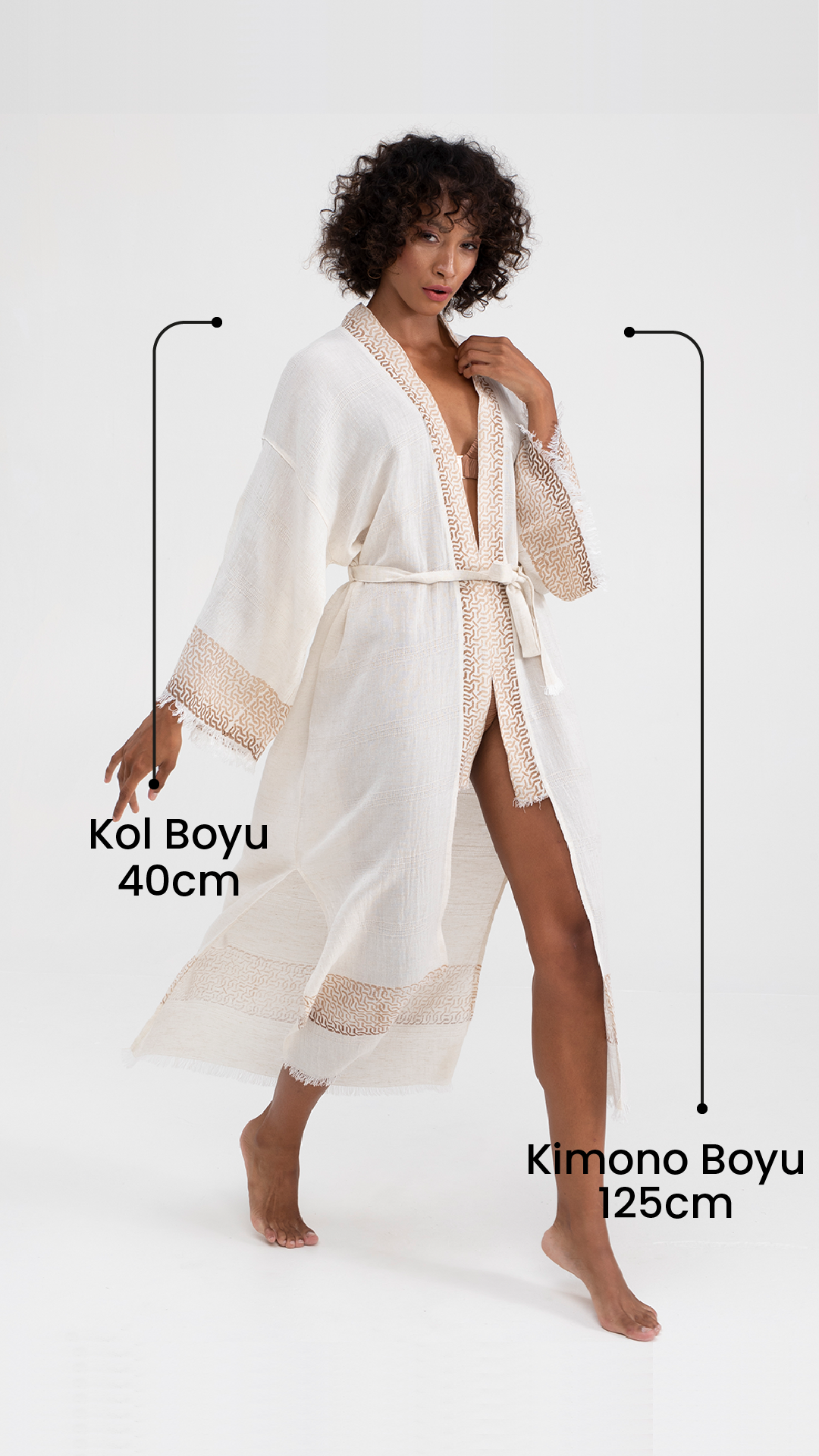 Kahve Ağaç Baskılı Keten Uzun Kimono
