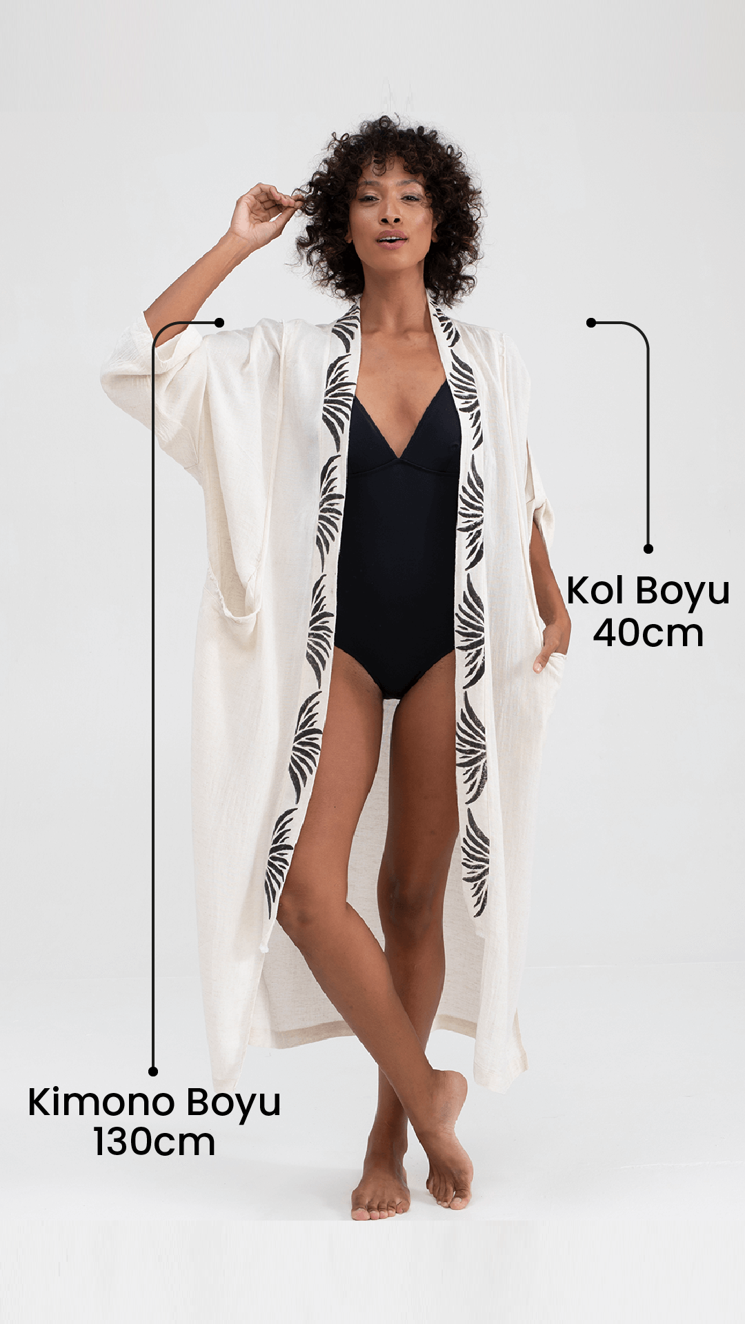 Siyah Ağaç Baskılı Keten Cepli Kimono