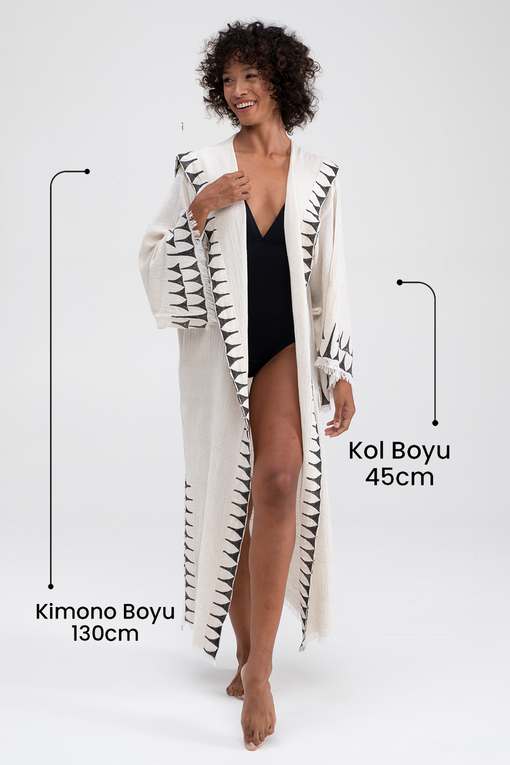 Siyah Ağaç Baskılı Keten Kapüşonlu Uzun Kimono