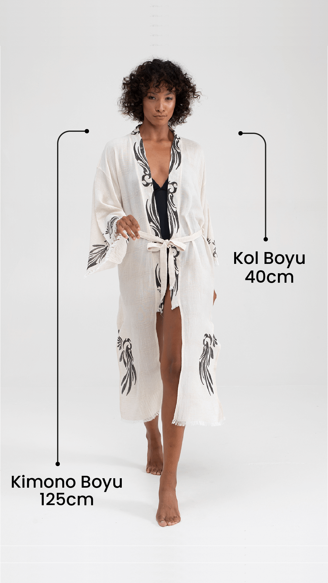 Siyah Ağaç Baskılı Keten Uzun Kimono